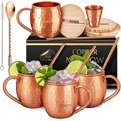 [Gift Set] Moscow Mule Mugs Set Of 4 16 oz Pure Solid Genuine  HANDCRAFTED  Copper Cups  BONUS  Straws Wood Coasters  Stirring Spoon Cleaning brush  and Shot Glass  by Yooreka!
