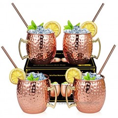 Hossejoy Moscow Mule Copper Mugs Set of 4 -100% Handcrafted Solid Copper Mugs 16 oz Copper Cups with 4 Cocktail Copper Straws