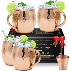 Moscow Mule Copper Mugs [Gift Set] Set of 4 Hammered Pure Copper Cups 16 Oz 4 Copper Straws 1 Copper Shot Glass Gift Box Premium Moscow Mule Mugs Set of 4