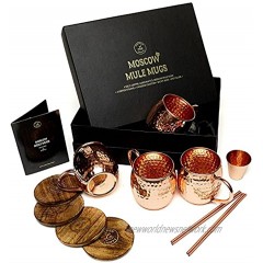 Moscow Mule Copper Mugs Set 4 Authentic Handcrafted Copper Mugs 16 oz. with 2 oz. Shot Glass 4 Straws 4 Solid Wood Coasters and Recipe Book Gift Box Included