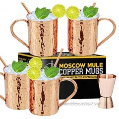 Moscow Mule Copper Mugs Set of 4 100% Handcrafted Pure Solid 16 oz Copper Mugs Gift Set With Cocktail Copper Straws and Jigger