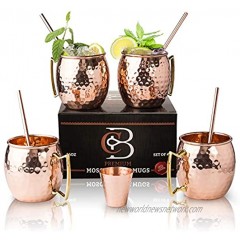 Moscow Mule Copper Mugs Set of 4 100% HANDCRAFTED Pure Solid Copper Mugs 16 Oz Gift Set with Highest Quality Cocktail Copper Straws & Copper Shot Glass by Copper-Bar