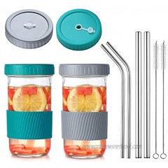 2 Pack 22 oz Reusable Smoothie Cups Boba Tea Cups Wide Mouth Mason Jar Lids with Straw Hole Including 4pcs Stainless Steel Straws and 2pcs Cleaning Brushes