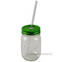 Southern Homewares Sipper Drinking 16oz Authentic Ball Mason Jar w Reusable Acrylic Straw & Green Lid