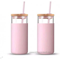 tronco 20oz Glass Tumbler Glass Water Bottle Straw Silicone Protective Sleeve Bamboo Lid BPA Free Pink 2-Pack