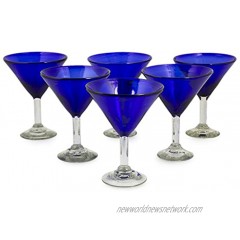 NOVICA Hand Blown Blue Recycled Glass Martini Glasses 10 Oz 'Sapphire Blue' Set Of 6
