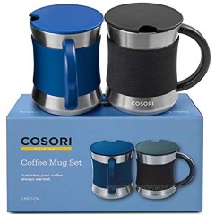COSORI Coffee Mug with Lids Set of 2 Stainless Steel Cups with Heat-resistant Handle & Slip-resistant Sleeve 17 oz Best Match w Mug Warmer for Coffee,Tea,Water,Cocoa Milk C1601-CM Black & Blue