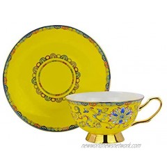 ACOOME Tea or Coffee Cup -Premium Quality Porcelain 6.8 oz Hand-made Yellow Glaze Embossed Tea Cup with Matching Saucer