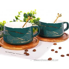 Ceramic Marble Tea Coffee Tea Cups with Wood Saucers Luxury Gold Inlay Green Cup & Saucer set of 2