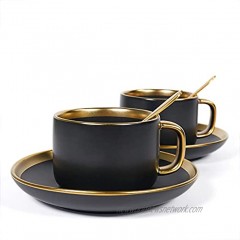 European style Luxury Gold rim Tea cup and saucer Set,8.5 Oz Ceramic Tea Cup Coffee Cup Set,Set of 2 Black