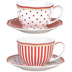 Grace Teaware Red Dot Stripes Scallop 9-Ounce Porcelain Tea Coffee Cup and Saucer Set of 2