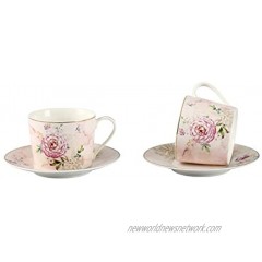GuangYang Porcelain Tea Cups and Saucers,7 Ounce,Set of 2,Peony Flower Design Coffee Cup with Saucer,220ml Vintage Teacup Total 4 pieces