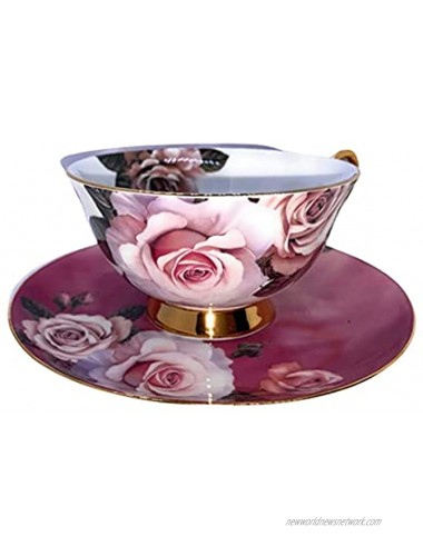 Tea Cup and Saucer Set- 6.8oz Premium Quality Bone China Hand-made Golden Rim Pattern Teacup Pink Rose