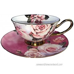 Tea Cup and Saucer Set- 6.8oz Premium Quality Bone China Hand-made Golden Rim Pattern Teacup Pink Rose