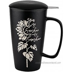 Taimei Teatime Ceramic Tea Cup with Infuser and Lid 15.5-oz Large Infuser Mug for Loose Leaf Tea with Handle Tea Mug in Modern Style with Sunflower Design Gift for Tea Lover and Woman Black