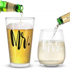 Mr and Mrs Stemless Wine Glass and Beer Glass Combo with Gift Box Couple Glasses for Wedding Engagement Anniversary Bridal Shower Party Valentine's Day