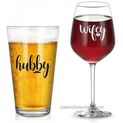 Wifey & Hubby Wine Glass and Beer Glass Set Novelty Gift for Her Him Husband Wife Newlywed Couple Perfect Glass Set for Bridal Shower Birthday Valentine’s Day Wedding Engagement Anniversary
