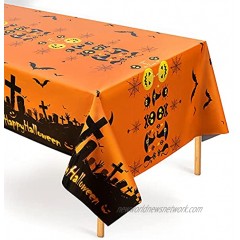 3 Pack Orange Halloween Plastic Tablecloths Disposable Rectangle Halloween Table Cover Printed Pumpkins Bats Skulls for Party Decorations 54" x 108"