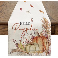 Artoid Mode Hello Pumpkin Flowers Leaves Table Runner Seasonal Fall Harvest Vintage Thankgiving Kitchen Dining Table Decoration for Indoor Outdoor Home Party Decor 13 x 72 Inch