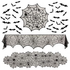 Tanlee 39 Pieces Halloween Lace Decorations include Spider Web Lace Table Runner,Round Lace Table Cover,Fireplace Mantel Scarf and 36 Pieces 3D Bats Wall Sticker Decal