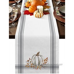 TweetyBed Fall Table Runners Dresser Scarves Thanksgiving White Pumpkin Leaf Branch Non-Slip Runners for Dining Tables Gray Stripes Autumn Dinner Runner Kitchen Parties Wedding Decor 13 x 70