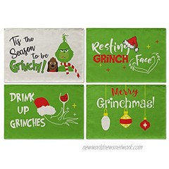 Artoid Mode Drink Up Grinches Merry Grinchmas Christmas Placemats for Dining Table 12 x 18 Inch Seasonal Winter Xmas Holiday Rustic Vintage Washable Table Mats Set of 4