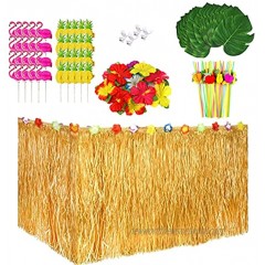 147pcs Hawaiian Party Decorations Set,Grass Table Skirt Hawaiian Tropical Party Decorations with Palm Leaves,Hibiscus Flowers,Fruit Straws for Luau Party Decorations