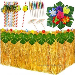 PartyWoo Hawaiian Party Decorations 48 pcs Tropical Party Supplies 9ft Grass Table Skirt Fake Leaves Paper Straws Cocktail Picks for Summer Party Decorations Luau Birthday Party Decorations