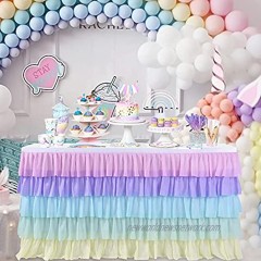 Rainbow Table Skirt Tutu Unicorn Tablecloth for Parties Baby Shower Birthday Unicorn Party Pastel Chiffon Tutu Table Skirt for Rectangle Table 6ft