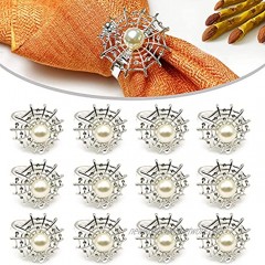 12 Pieces Spider Web Halloween Napkin Rings Holder Buckle Serviette Metal Rhinestone Pearl Fall Halloween Table Decoration Party Supplies Holiday Wedding Banquet Casual Gathering Set Of 12Silver