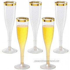 Plastic Champagne Flutes with Gold Glitter and Gold Rim Reusable Disposable Champagne Flutes Glasses for Wedding Party Cocktail Celebration 6.5oz 12PACK