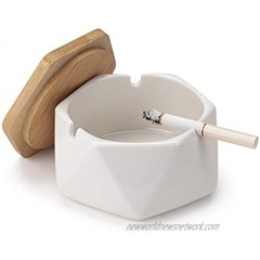 IVAILEX Ceramic Geometric Ashtray with Lid Windproof Ceramic Ashtray for Indoor or Outdoor Use Home Office Decoration White