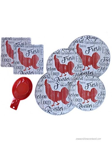 Chicken Decor Stove Burner Covers Rooster Kitchen Decor Farmhouse Sign Style WITH Two Insulated Hot Pads AND Red Spoon Rest