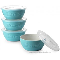 DOWAN Ceramic Bowls with Lids Covered Food Storage Bowls Set of 4 27 Ounce Deep Serving Bowls with Lids for Cereal Soup Salad Pasta Dishwasher & Microwave Safe Turquoise