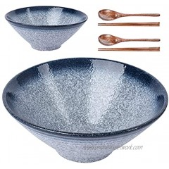 Lareina Ceramic Japanese Ramen Bowls 2 Sets 6 Piece 60 Ounce Large Noodle Soup Bowl with Matching Chopsticks and Spoons for Asian Pho Udon Soba Blue