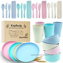 Wheat Straw Dinnerware Sets 28Pcs KepRodp Dinner Plates and Bowls Sets Cups Forks Spoons Unbreakable & Microwave Safe Dinnerware Eco-friendly Reusable Plates Wheat Straw Cereal Bowls Gift