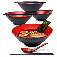 4 Sets 51 Ounce Large Japanese Ramen Noodle Soup Bowl Melamine Hard Plastic Dishware Ramen Bowl Set with Matching Spoon and Chopsticks for Udon Soba Pho Asian Noodles 4 Red 8.6 inches