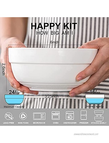 HAPPY KIT 6 24oz Soup Bowls with Lids Ceramic Airtight Food Storage Containers Porcelain Cereal Bowls Set of 6 for Cereal Soup Salad Rice or Pasta Thick-edge Non-slip Design