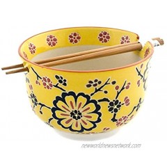 Hinomaru Collection Multi Purpose Ramen Udon Soba Pho Noodle Donburi Rice Tayo Bowl with Chopsticks Gift Set 6.25 Inch Diameter Yellow Blossoms
