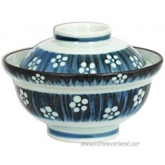 Japanese 6.2 Inches in Diameter Porcelain Plum Blossom Donburi Ramen Noodle Soup Rice Bowl with Lid Navy on Light Grey TR44328 from Japan