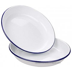 Webake 9.5 Inch Enamel Plates 2 Pack Salad Pasta Bowls Enamelware Dinner Plates White Body with Blue Rim Serving Trays for Dinner Outdoor Picnic BBQ Butter