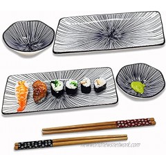 Voaesdk 6 PCS Sushi Plate Set,Japanese Style Ceramic Sushi Dish Dinnerware Set with 2 10-inch Rectangle Sushi Plates,2 Sauce Bowls,2 Pairs of Chopsticks