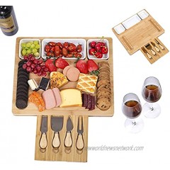 Bamboo Cheese Board Knife Set Cooked Food Platter and Tray 3 Ceramic Bowls 4 Stainless Steel Knives With Hidden Sliding Drawers Perfect for Weddings Housewarmings and Christmas Gifts