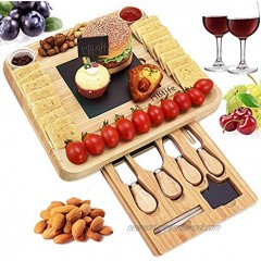 Natural Bamboo Cheese Board & Cutlery Set with Slide-Out Drawer and Knife,Charcuterie Platter & Serving Tray,House Warming Gift & Perfect Choice for Christmas Wedding Birthday Anniversary
