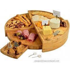 Picnic at Ascot Patented Bamboo Cutting Board for Cheese & Charcuterie with Knives & Cheese Markers- Stores as a Compact Wedge- Opens to 18 Diameter- Designed & Quality Checked in USA