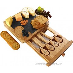 Utopia Kitchen Cheese Board and Knife Set Set Includes Cheese Slate 4 Stainless Steel Cheese Knives Charcuterie Board with Drawer Natural Oak Cheese Cracker Platter Cheese Cutting Board Set