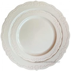 BLISSFUL DINING | 100 Pieces Disposable Ivory Plastic Plates Set: 50 Pieces – 10” Dinner Plates and 50 Pieces – 7.5” Appetizer Dessert Plates Classic Collection Ivory